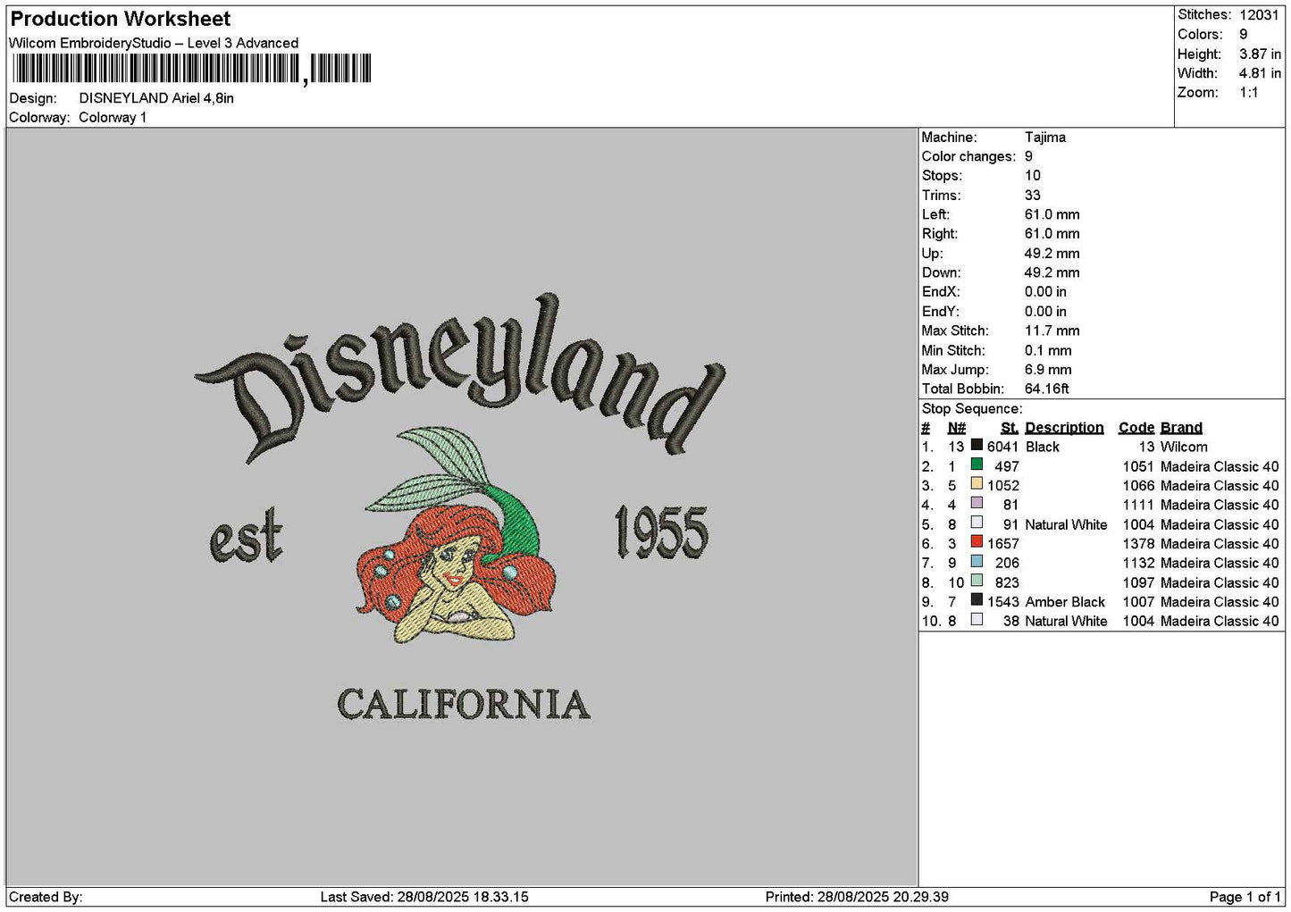 Dland Ariel Embroidery File 6 sizes