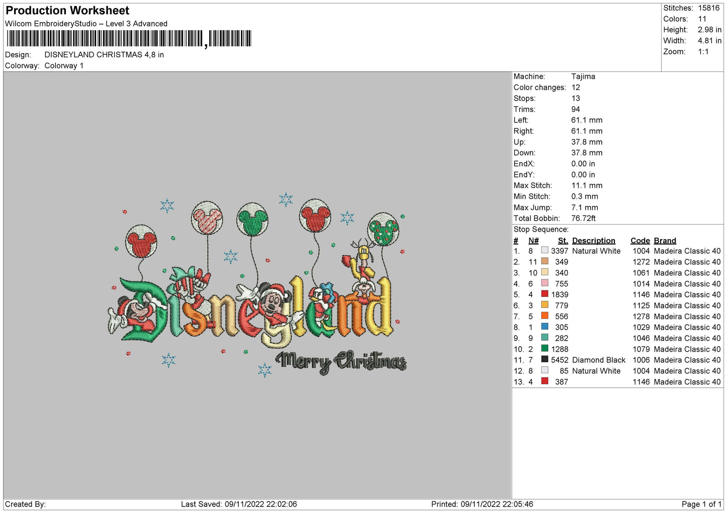 Disneyland Christmas Embroidery File 6 sizes