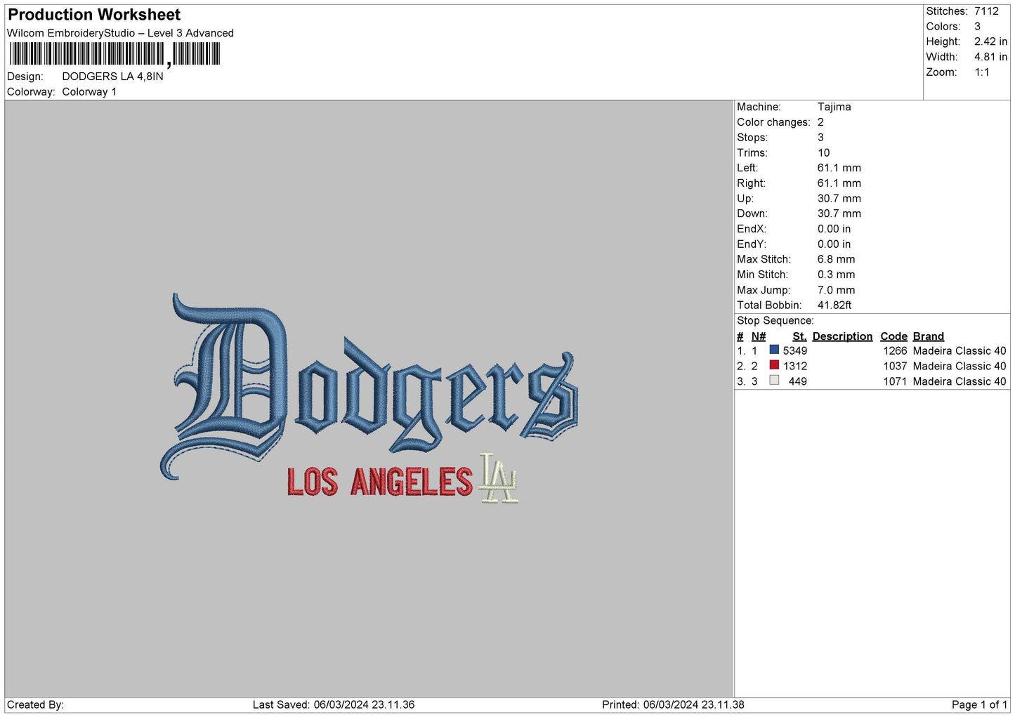 Dodgers 004 Embroidery File 6 sizes