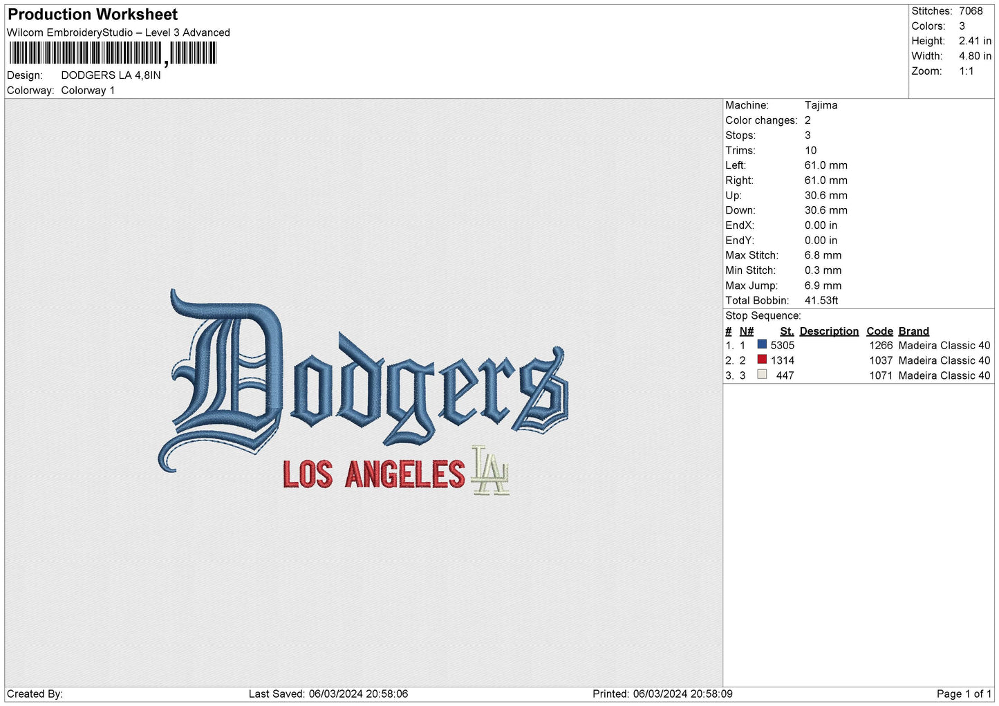 DODGERS LA Embroidery File 6 sizes