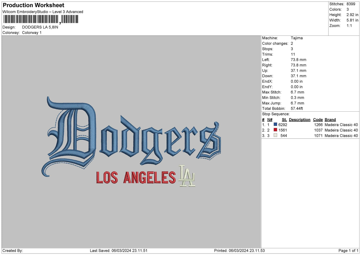 Dodgers 004 Embroidery File 6 sizes