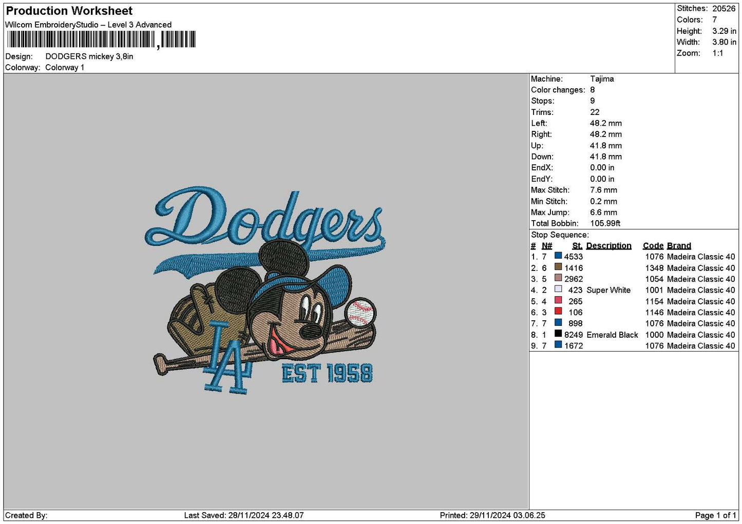 Dodgersmickey2911 Embroidery File 6 sizes