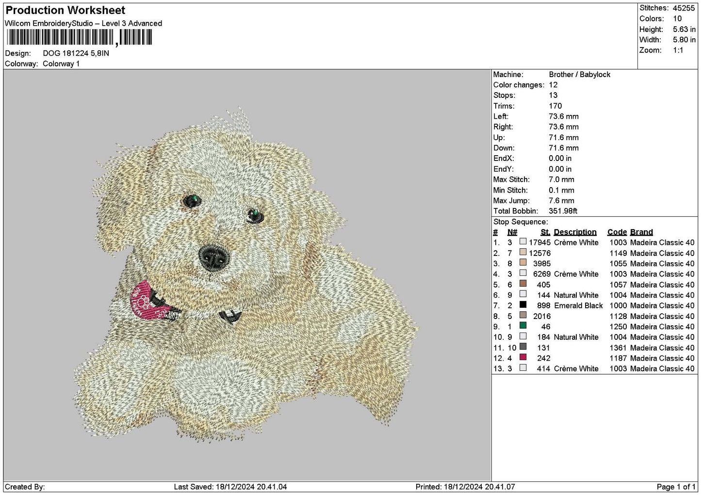 Dog 1812 Embroidery File 6 sizes