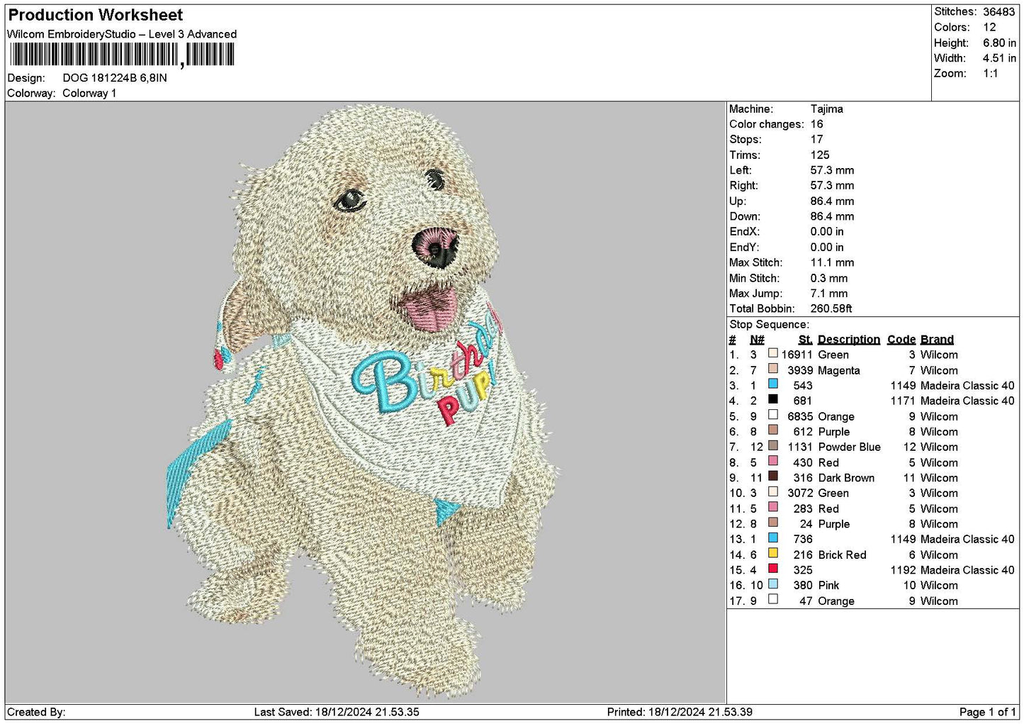 Dog 1812b Embroidery File 6 sizes