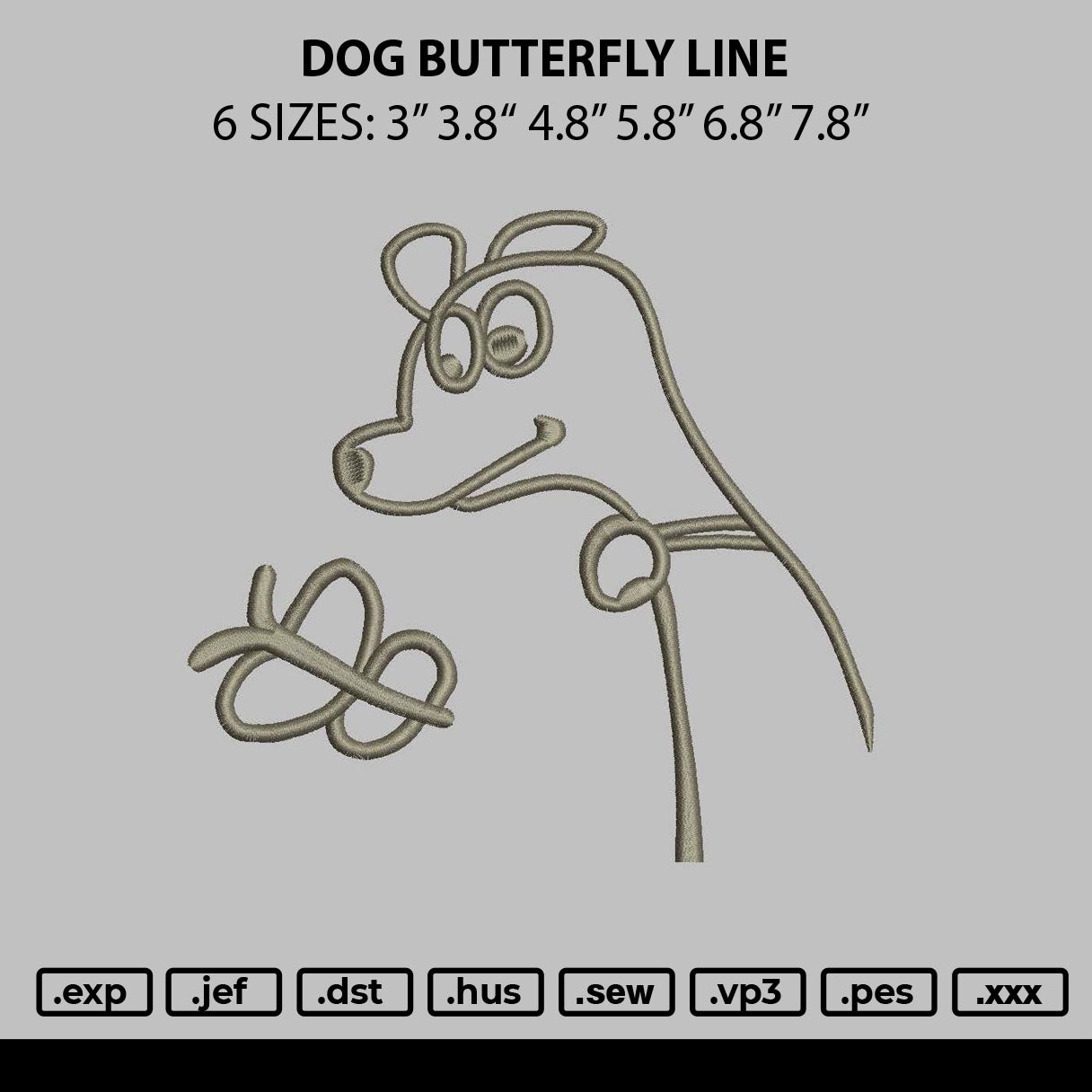 Dog Butterfly Line Embroidery File 6 sizes