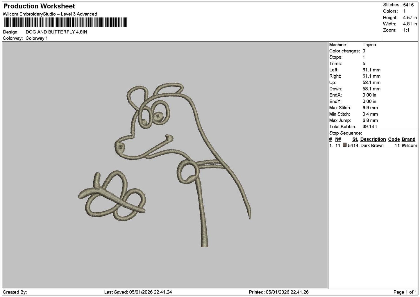 Dog Butterfly Line Embroidery File 6 sizes