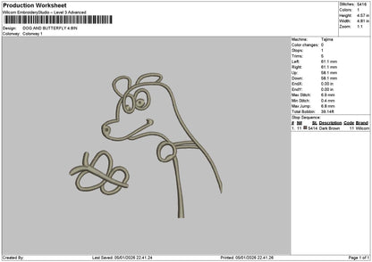 Dog Butterfly Line Embroidery File 6 sizes