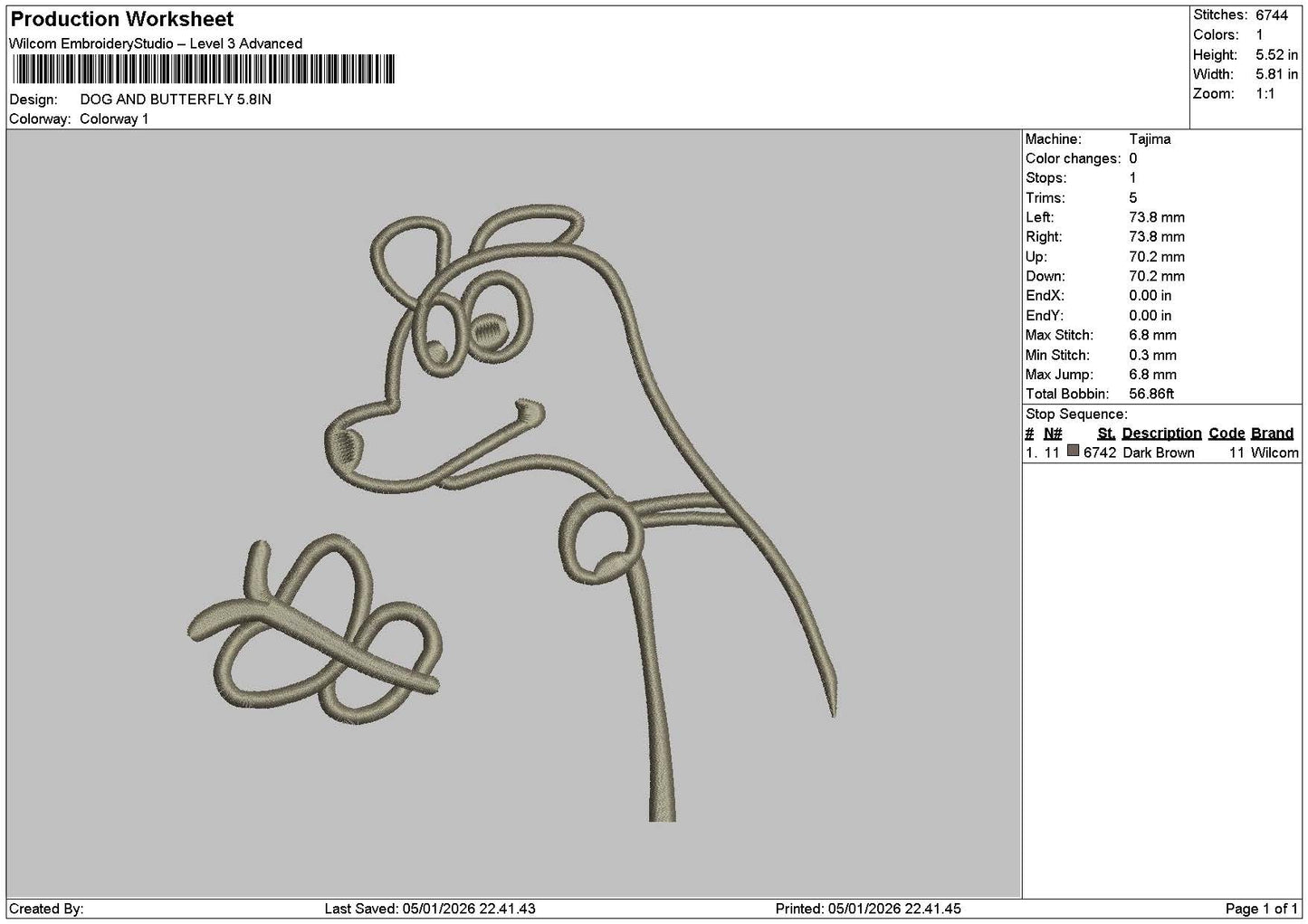 Dog Butterfly Line Embroidery File 6 sizes