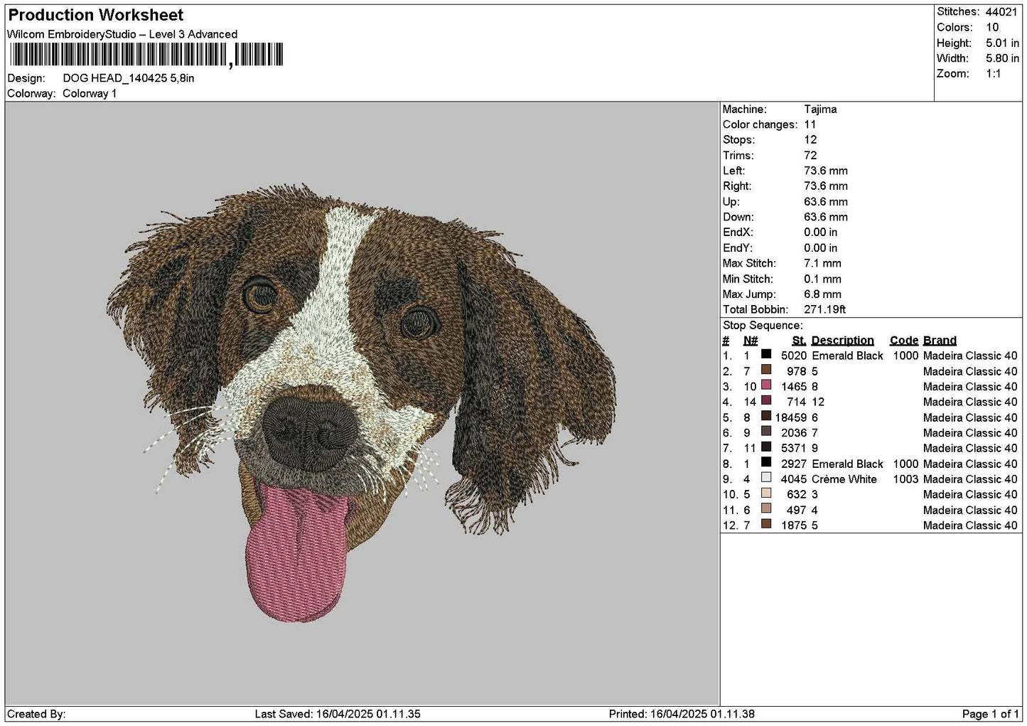 Dog Head 1404 Embroidery File 6 sizes