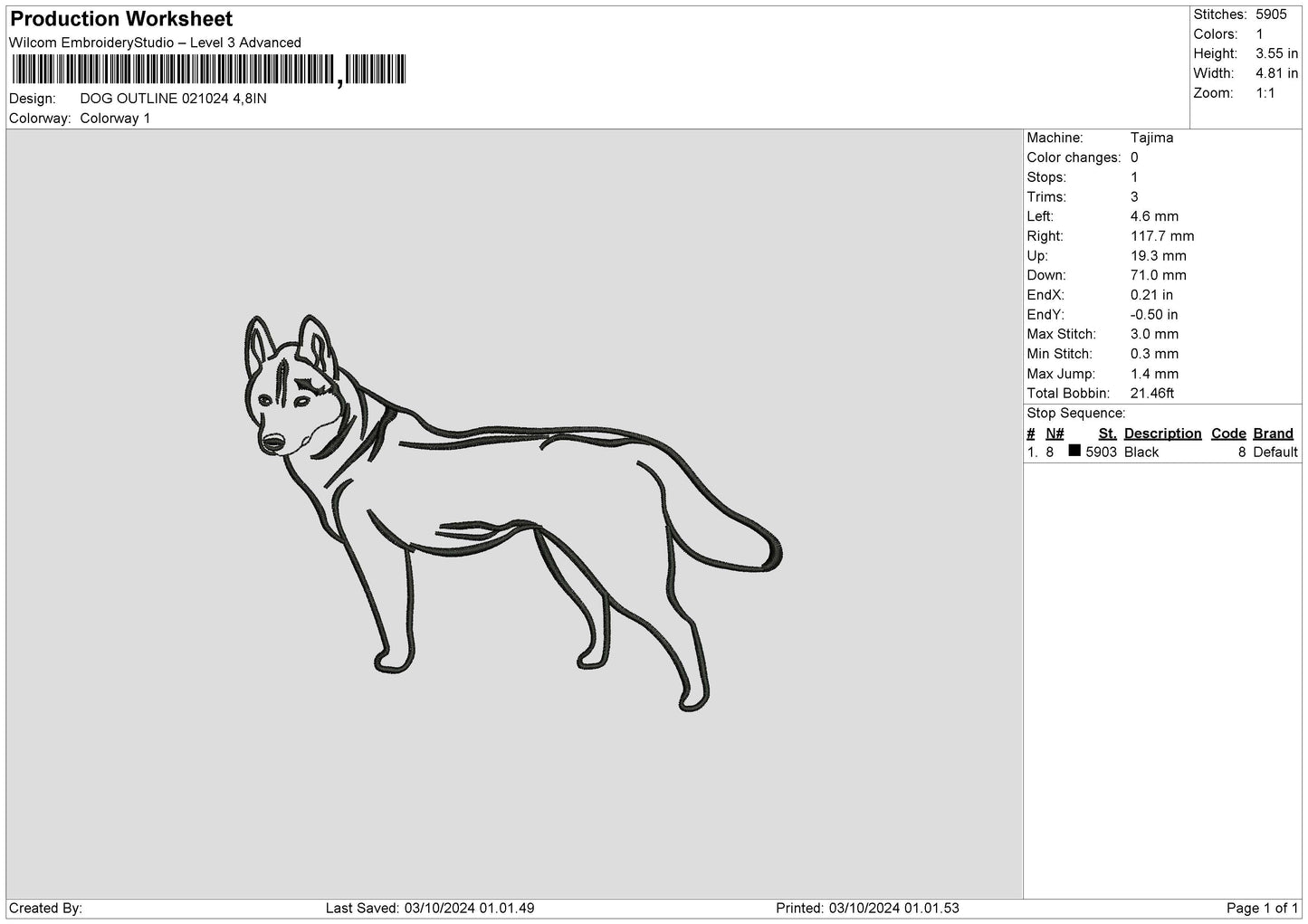 Dog Outline 0210 Embroidery File 6 sizes