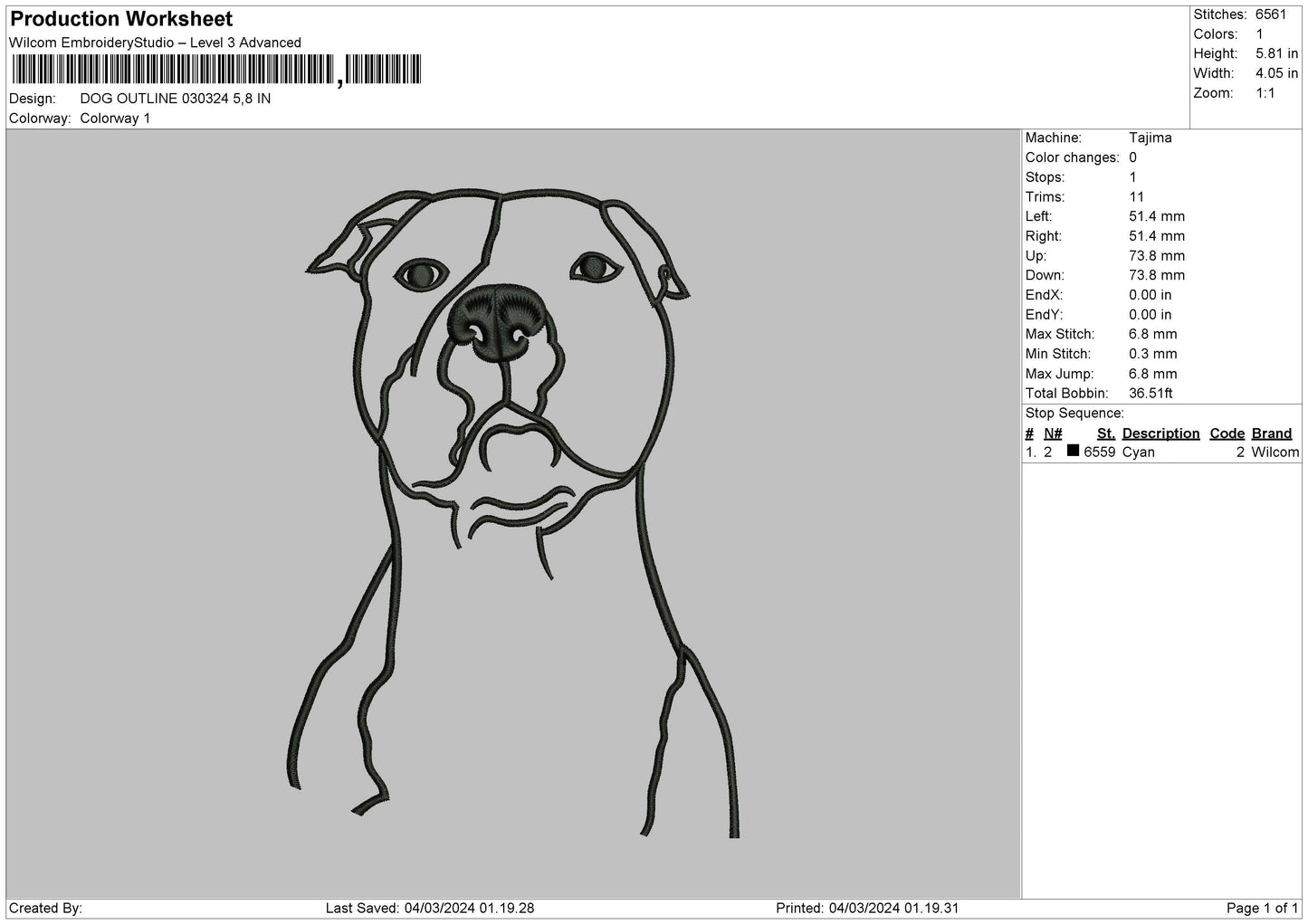 Dog Outline 0324 Embroidery File 6 sizes