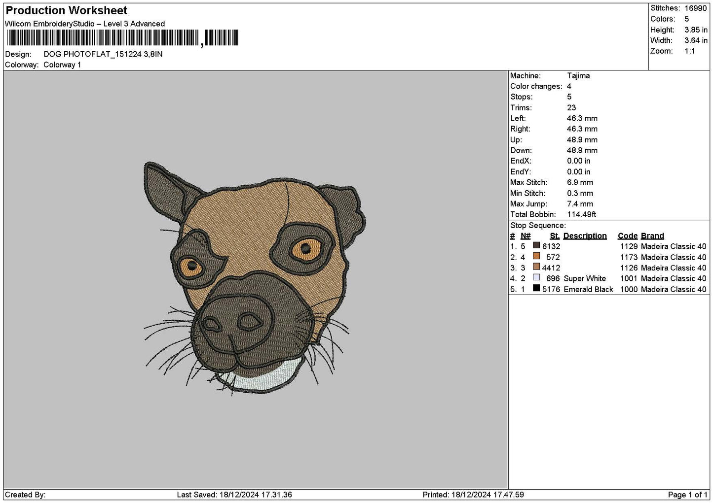Dog Photoflat 1812 Embroidery File 6 sizes