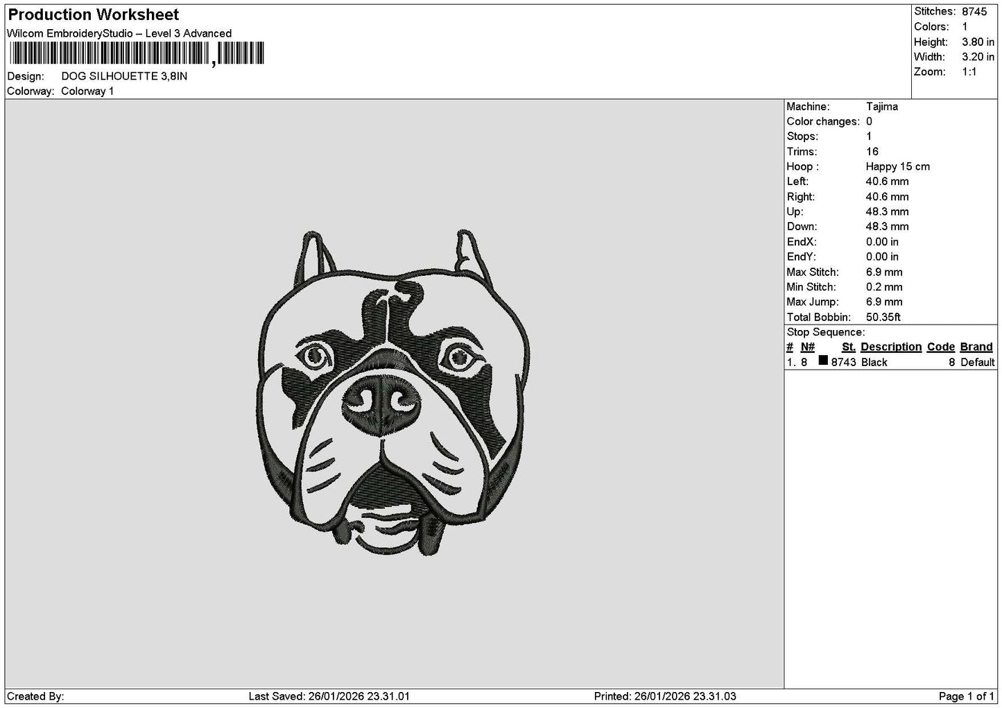 Dog Head 2601 Embroidery File 6 sizes