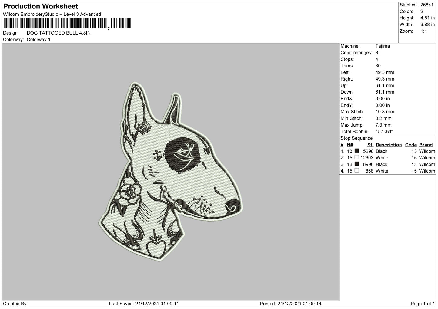 Dog Tattooed Bull Embroidery File 4 size