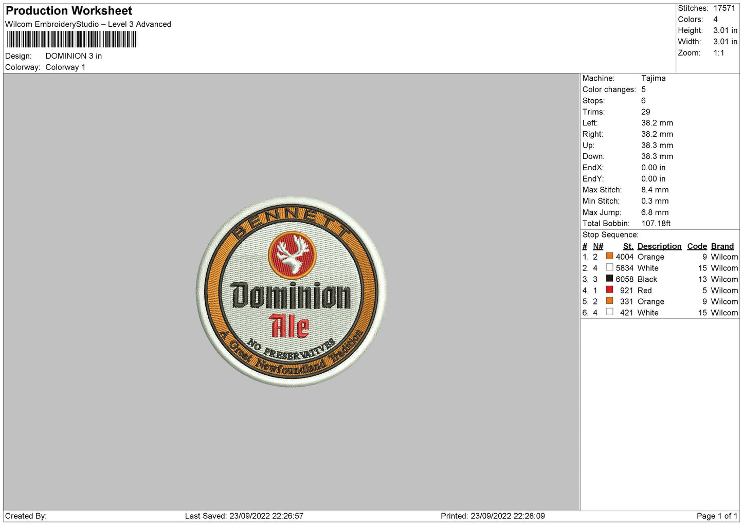 Dominion Embroidery File 5 sizes