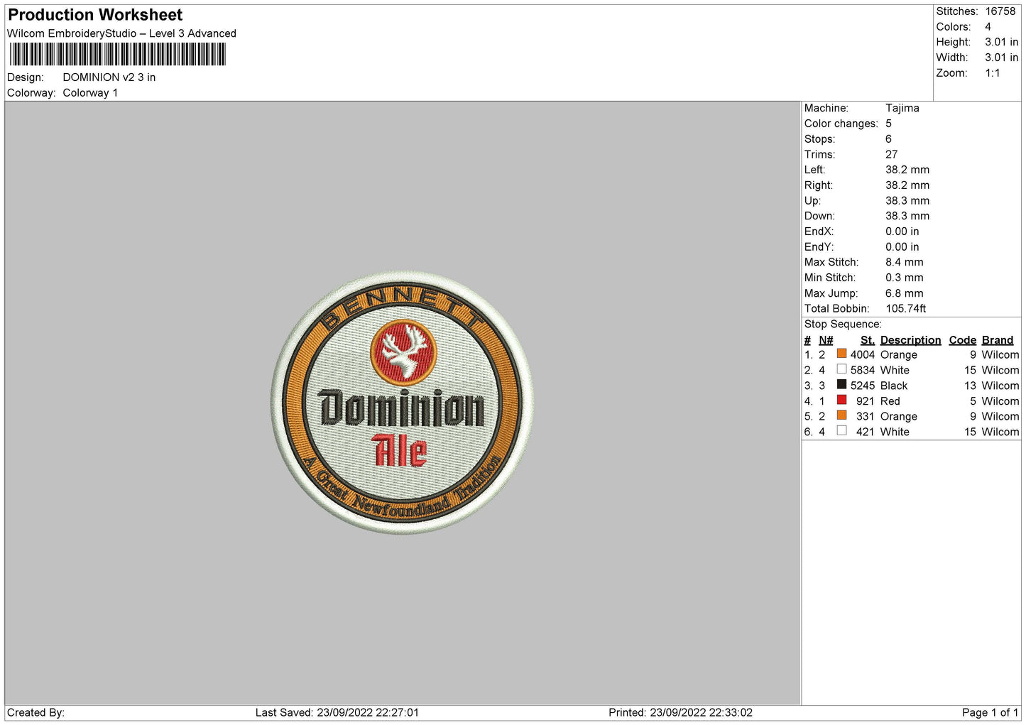 Dominion V2 Embroidery File 5 sizes