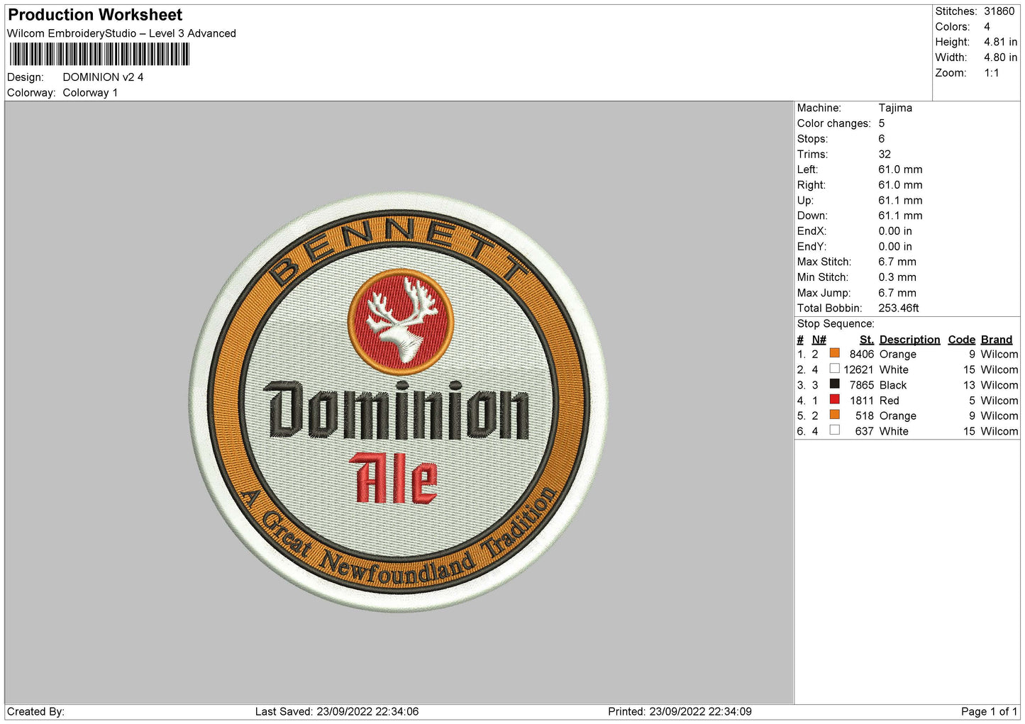 Dominion V2 Embroidery File 5 sizes
