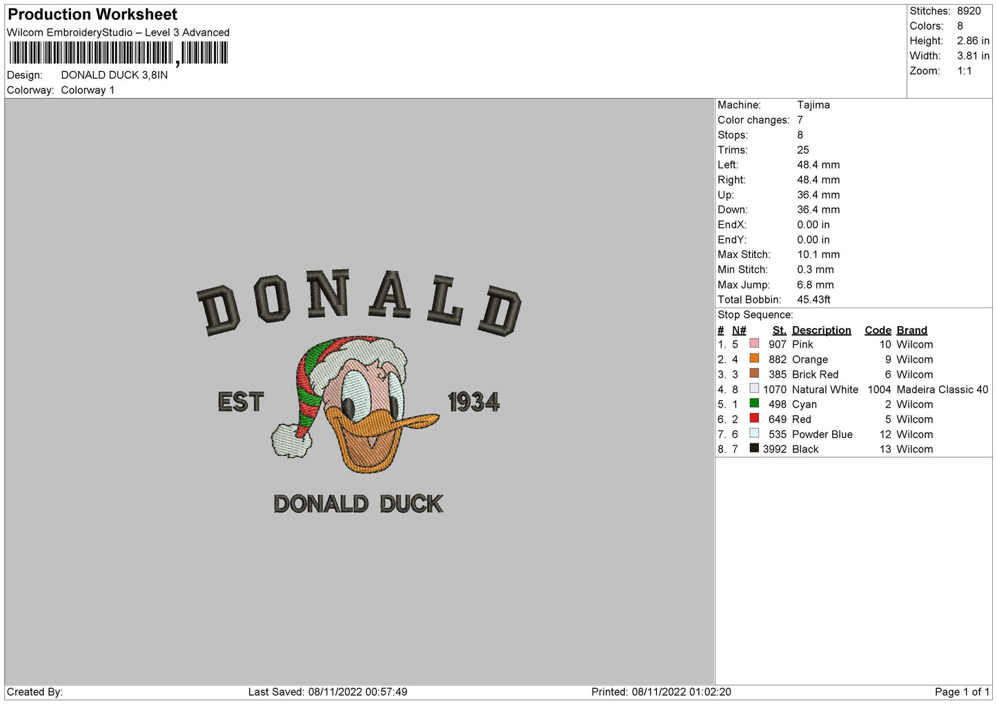 Donald Embroidery File 6 sizes