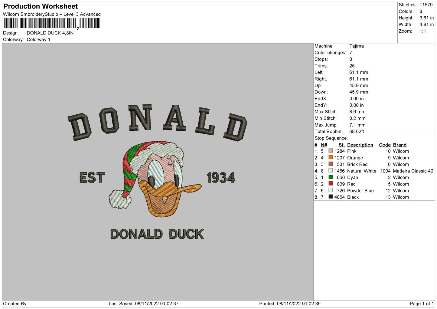 Donald Embroidery File 6 sizes