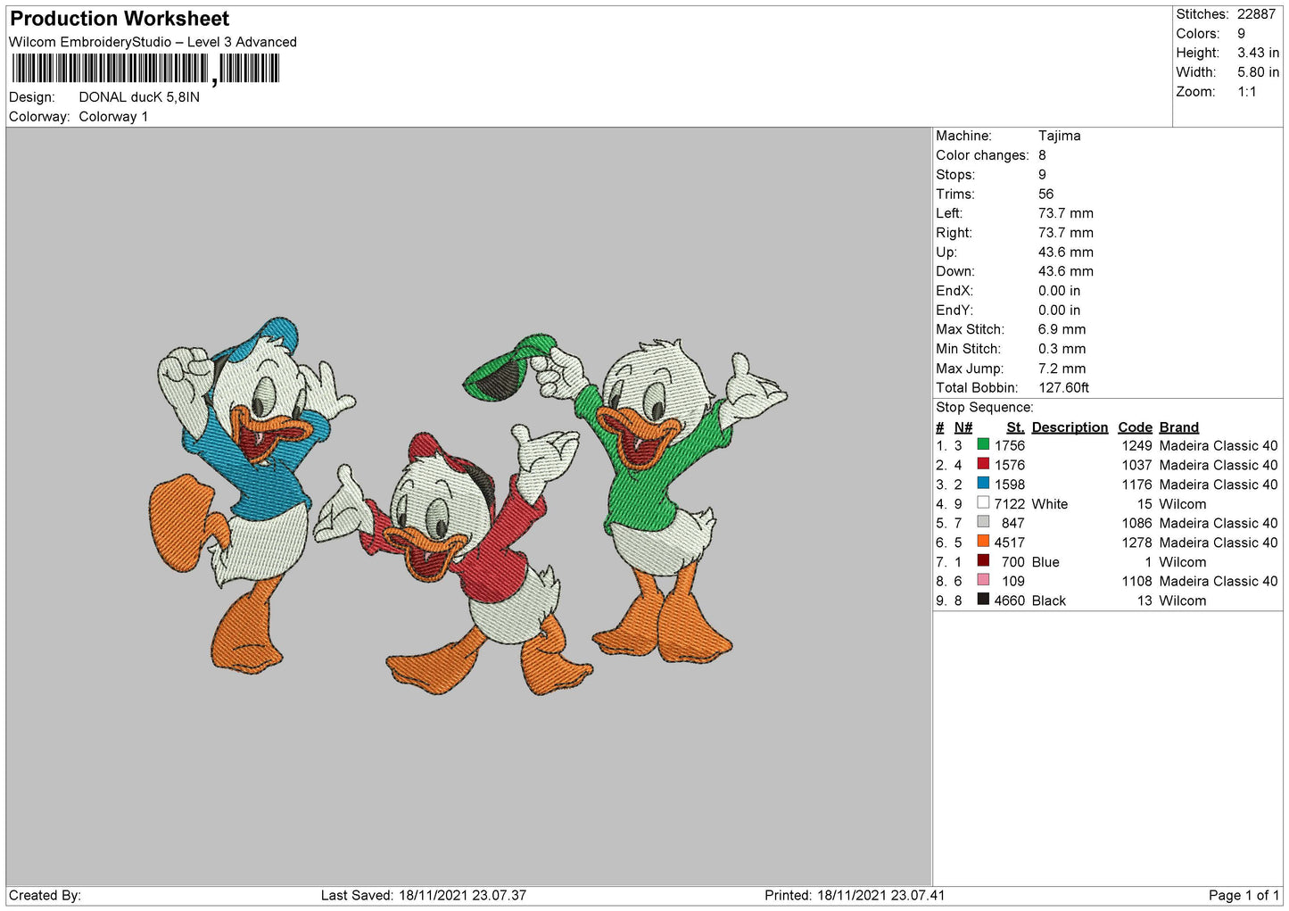 Donald Duck Embroidery File 4 size