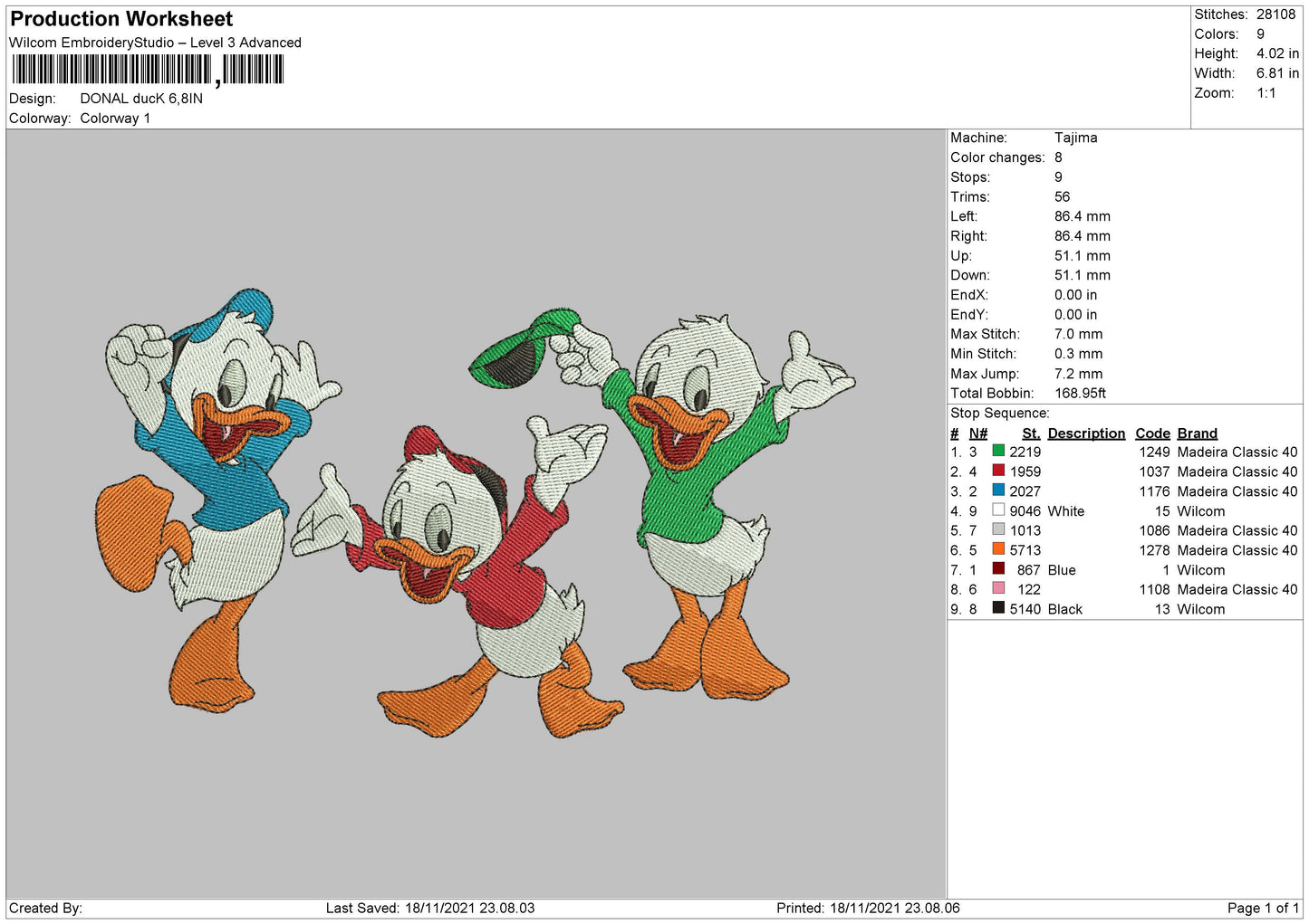 Donald Duck Embroidery File 4 size
