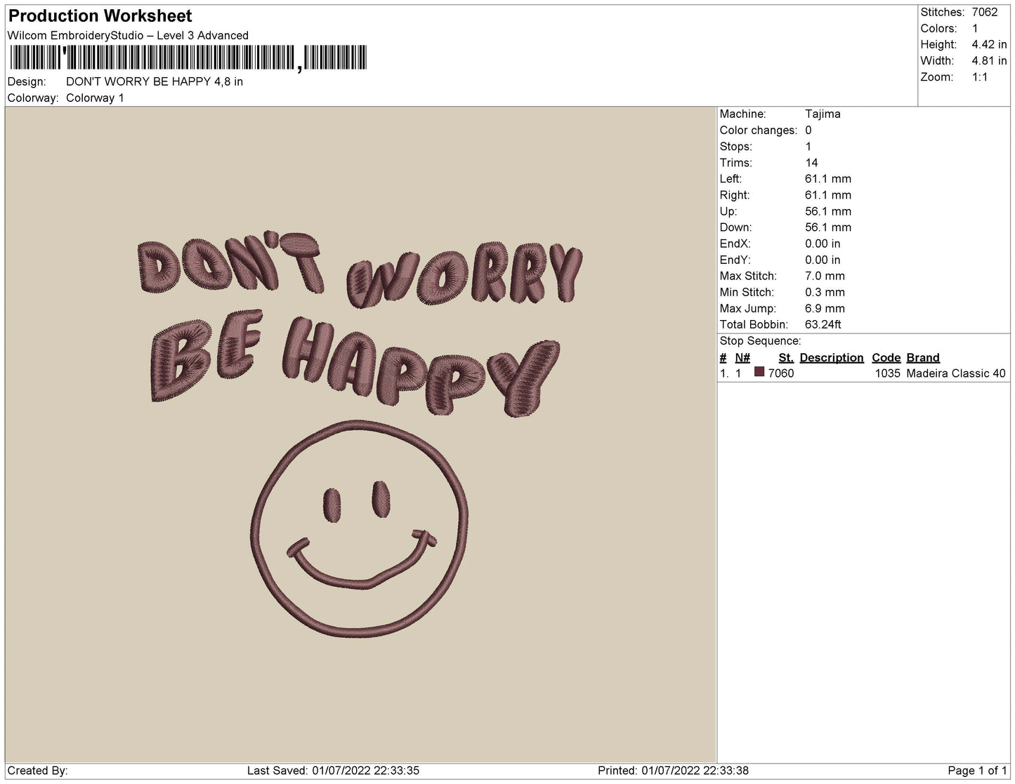 Don't Worry Be Happy Embroidery File 4 sizes