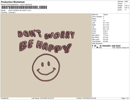 Don't Worry Be Happy Embroidery File 4 sizes