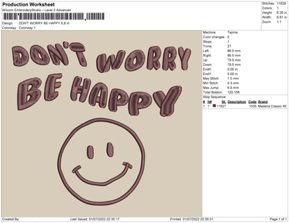 Don't Worry Be Happy Embroidery File 4 sizes