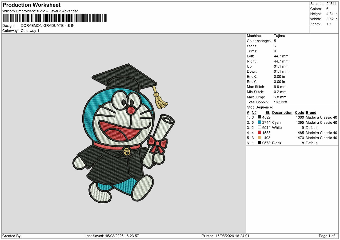 Doraemon1508 Embroidery Machine Design File 6 sizes