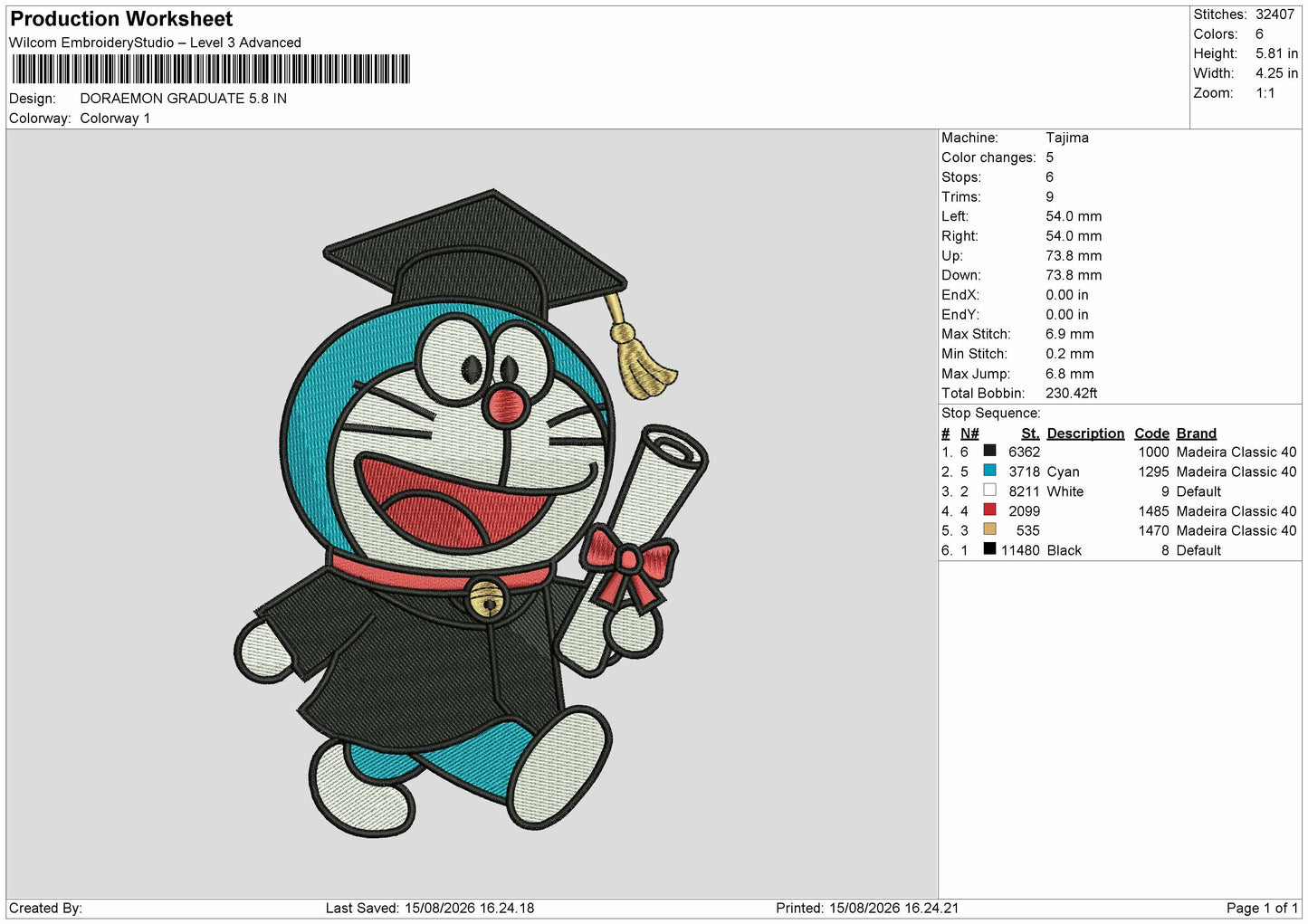 Doraemon1508 Embroidery Machine Design File 6 sizes