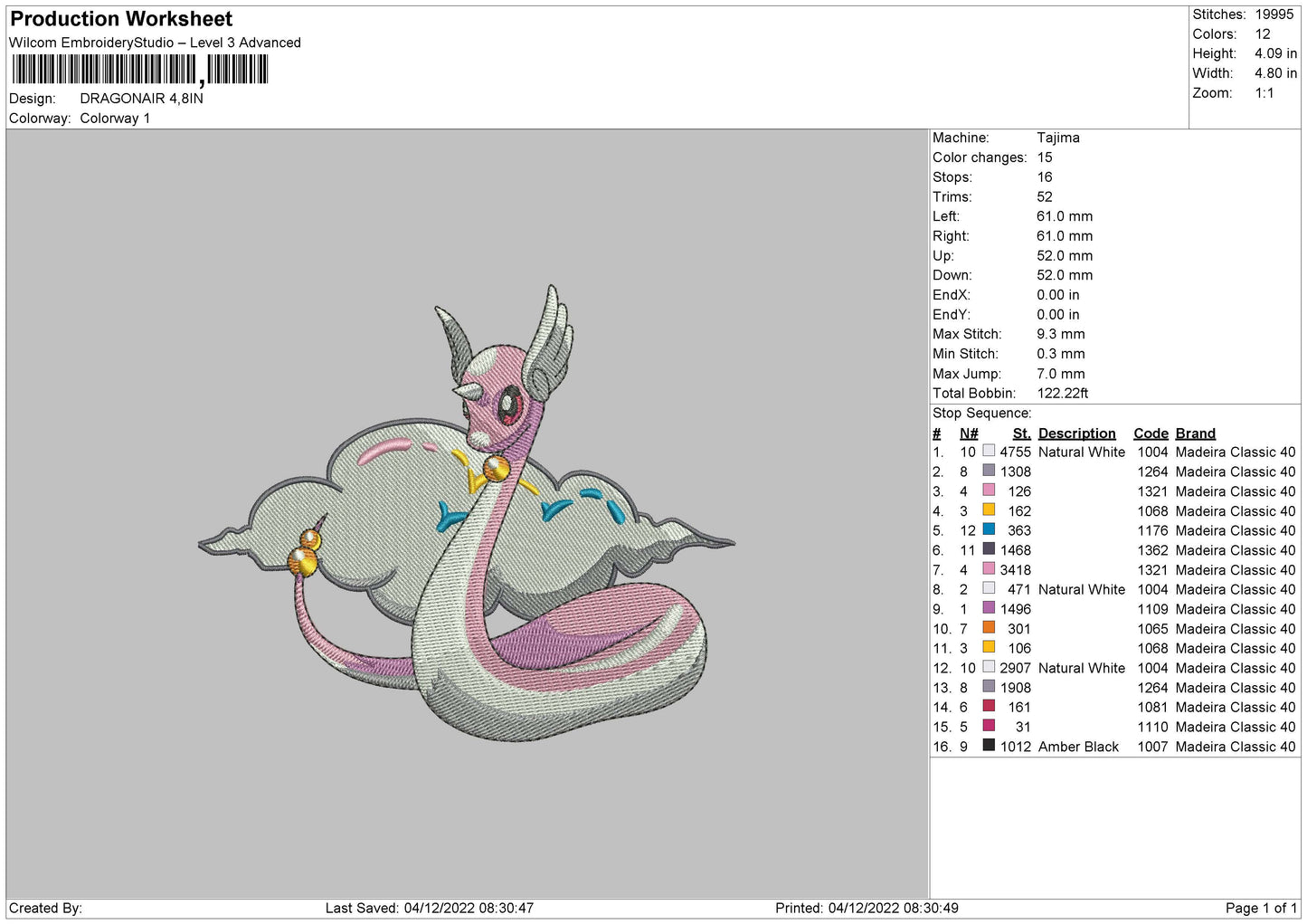 Dragonair Embroidery File 6 sizes