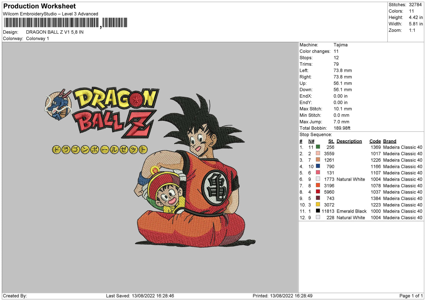 Dragon Ball Z V1 Embroidery File 5 sizes