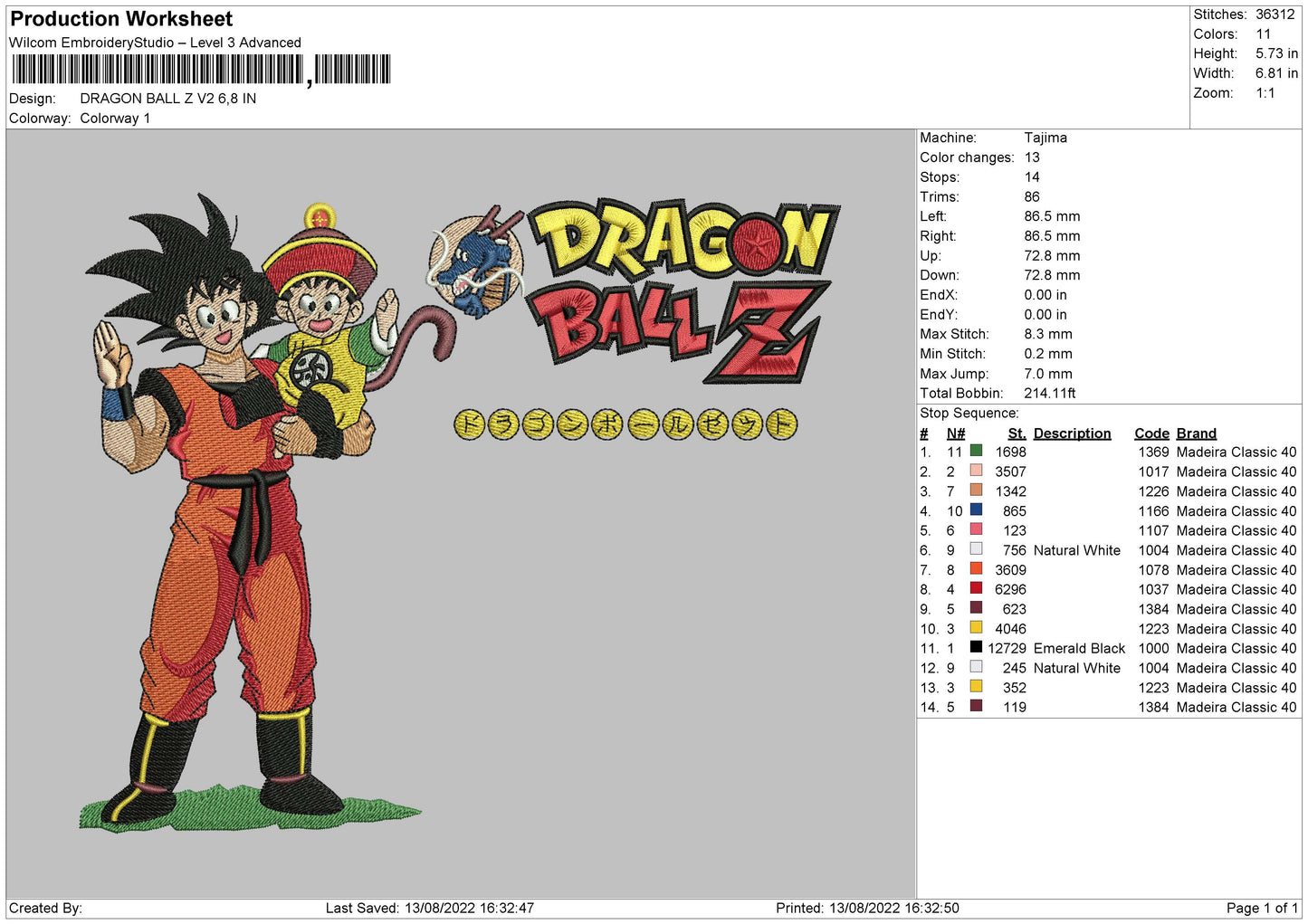 Dragon Ball Z V2 Embroidery File 5 sizes