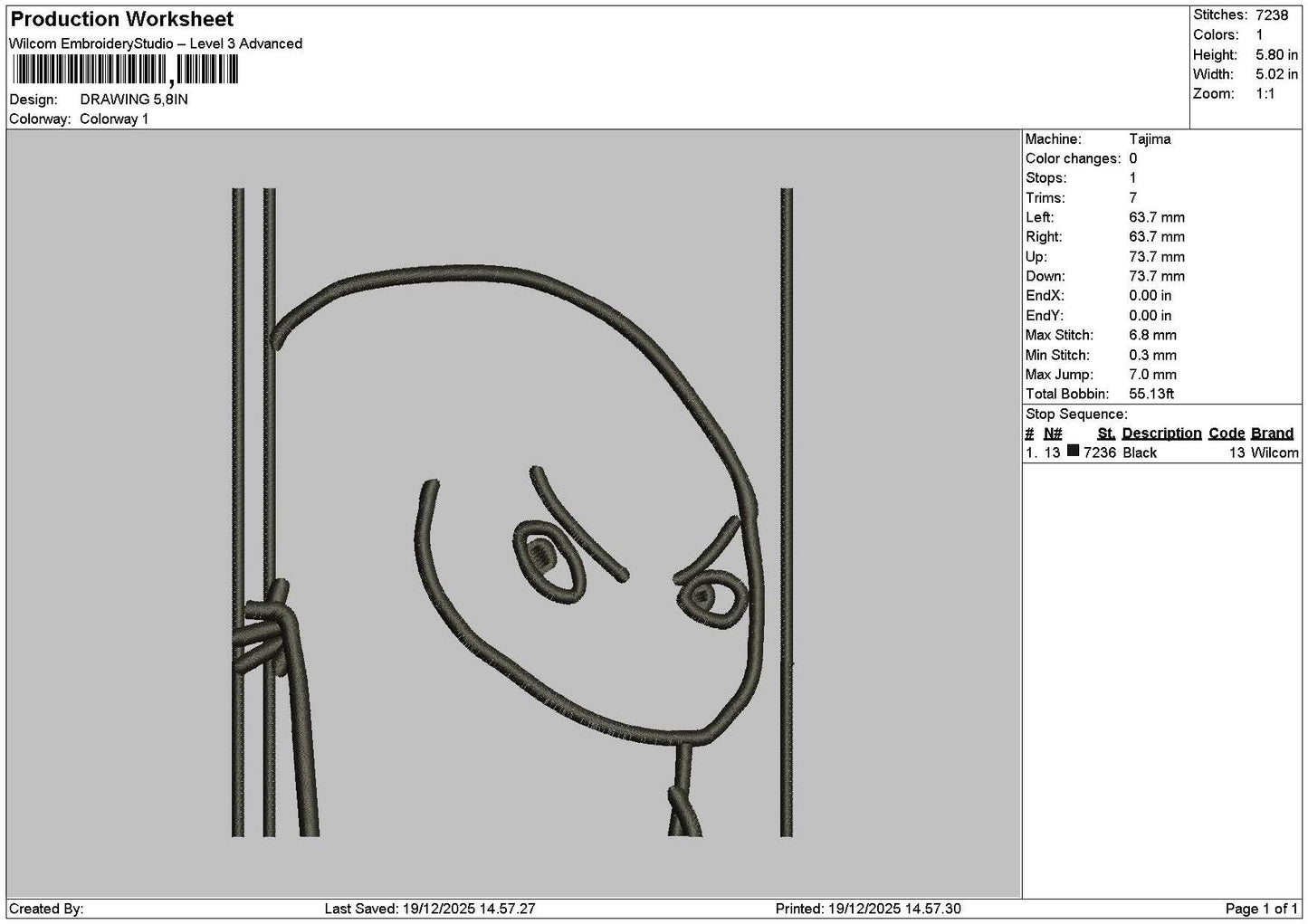 Drawing 1912 Embroidery File 6 sizes