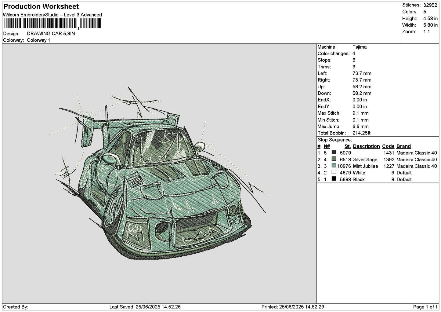 Drawing Car 2506 Embroidery File 6 sizes