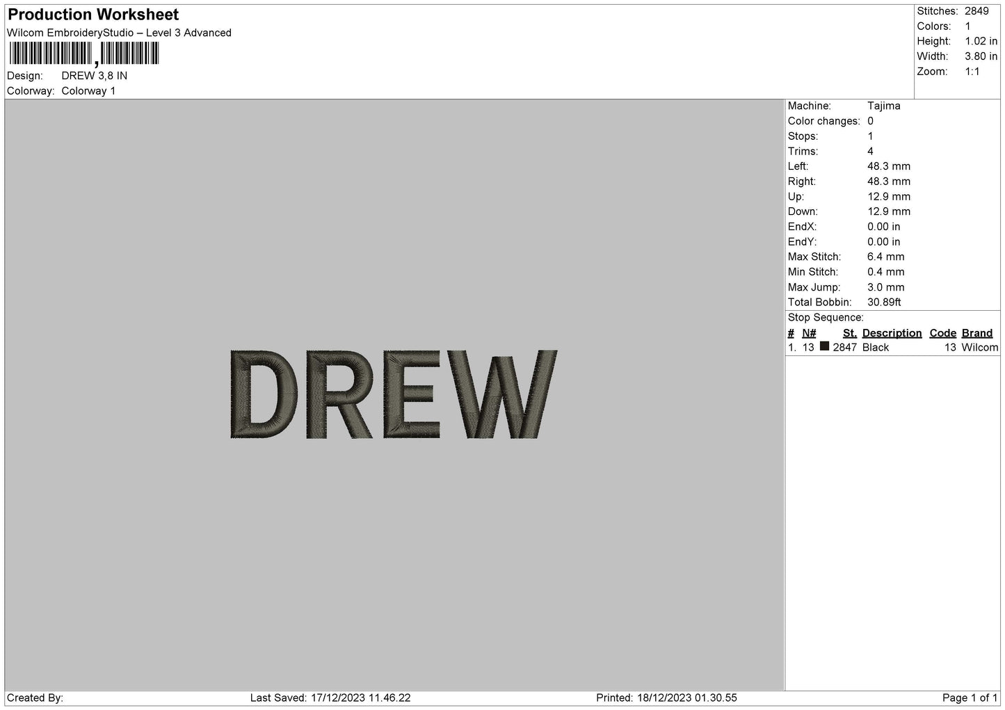 Drewtext Embroidery File 6 sizes