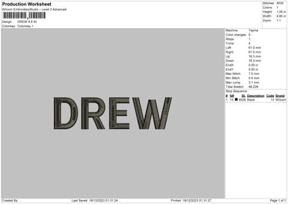 Drewtext Embroidery File 6 sizes