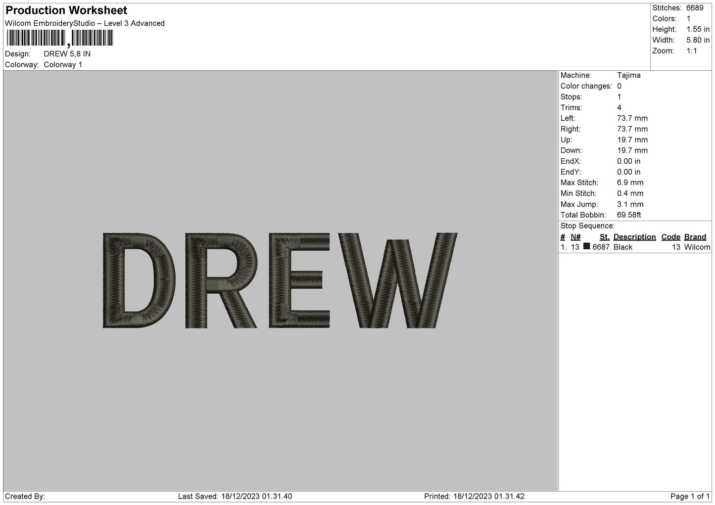 Drewtext Embroidery File 6 sizes