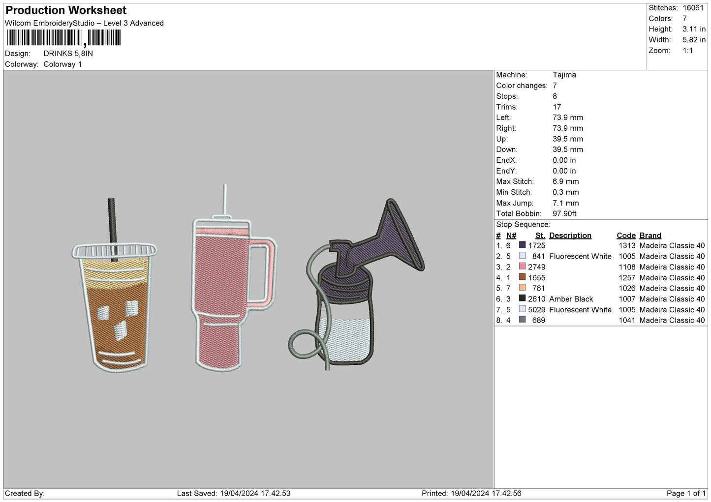 Drinks Embroidery File 6 sizes