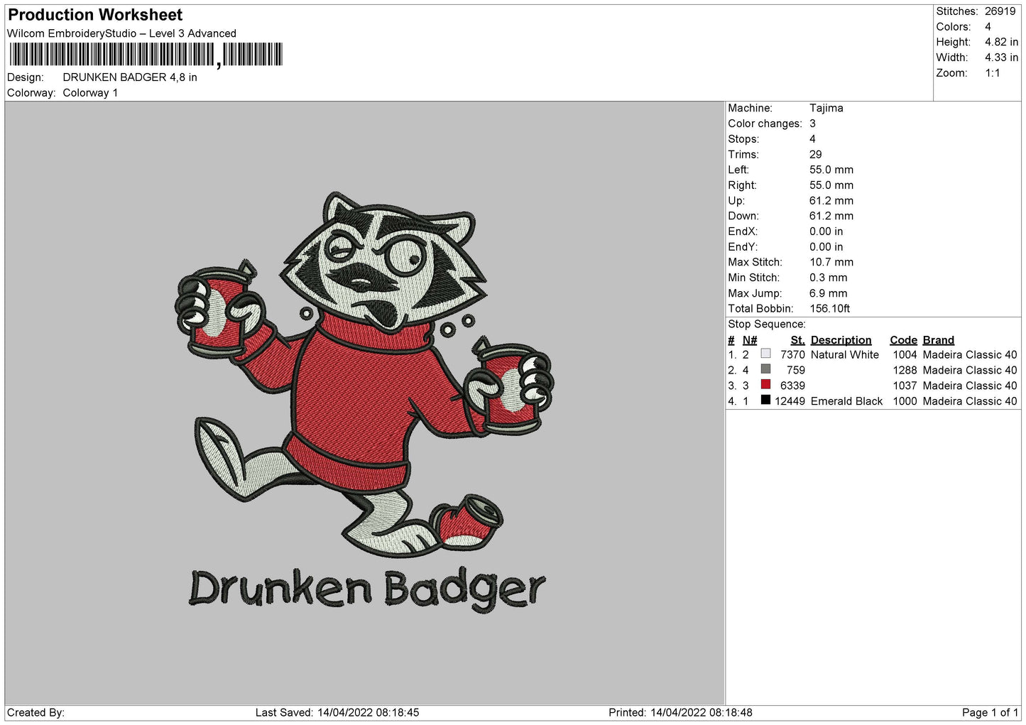 Drunker Budger Embroidery File 4 size
