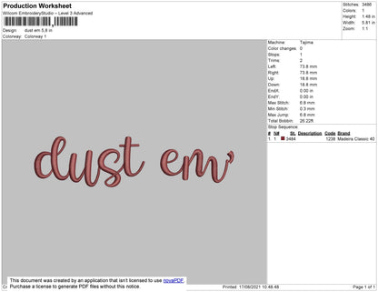 Dust Em Text Embroidery File 4 size