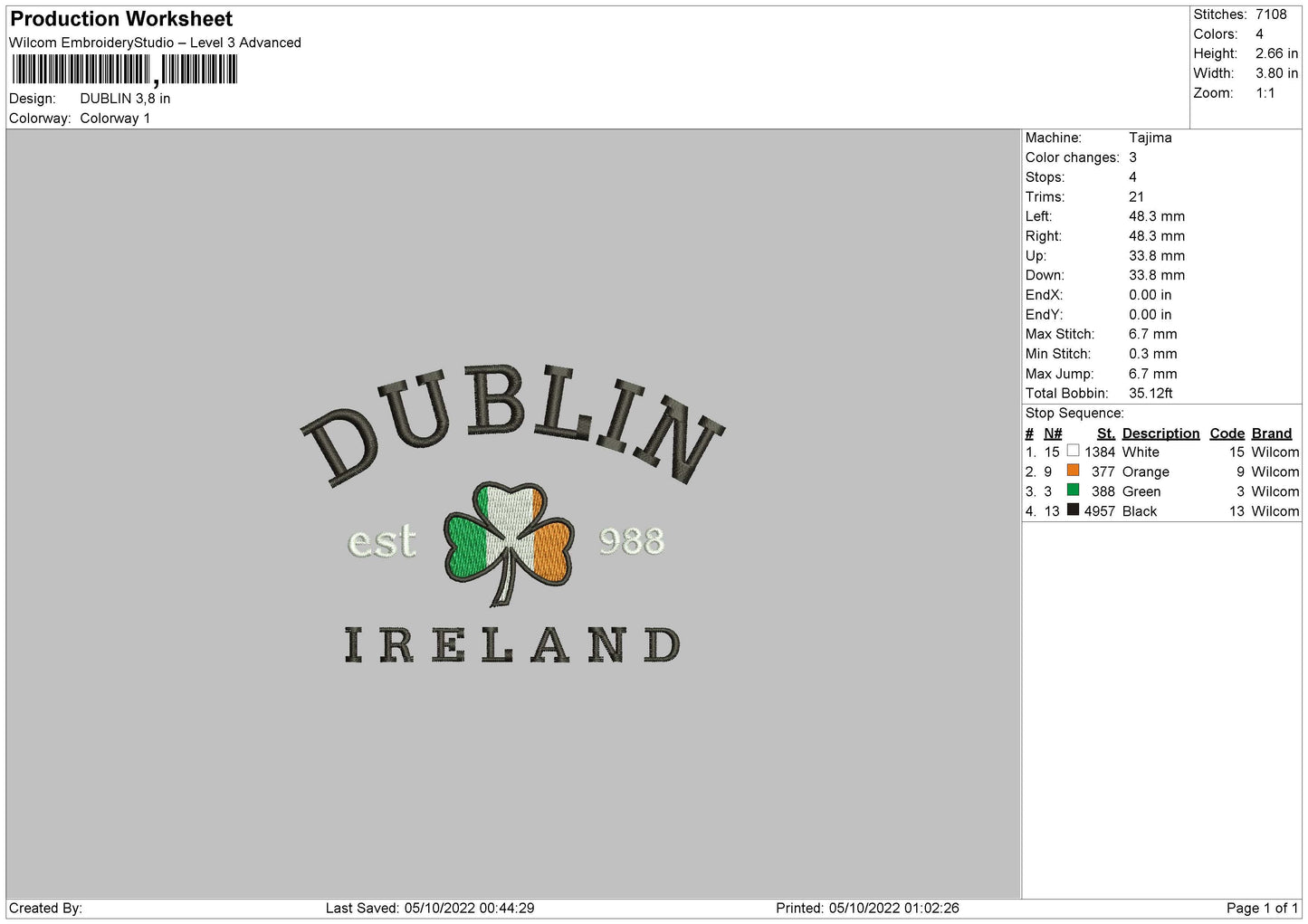 Dublin Embroidery File 5 sizes