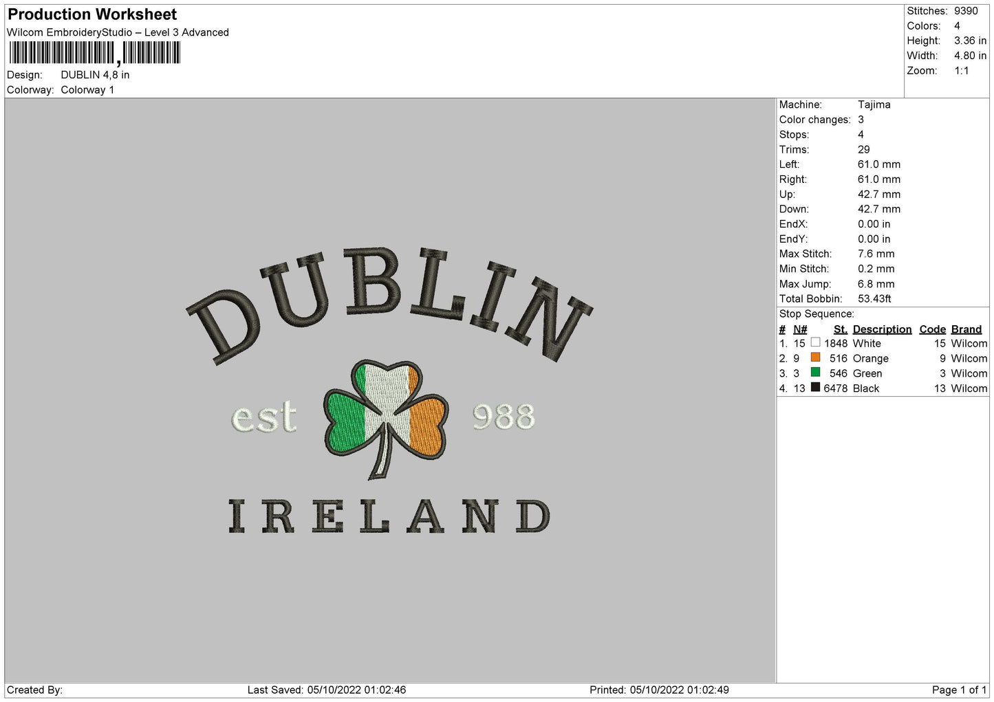 Dublin Embroidery File 5 sizes