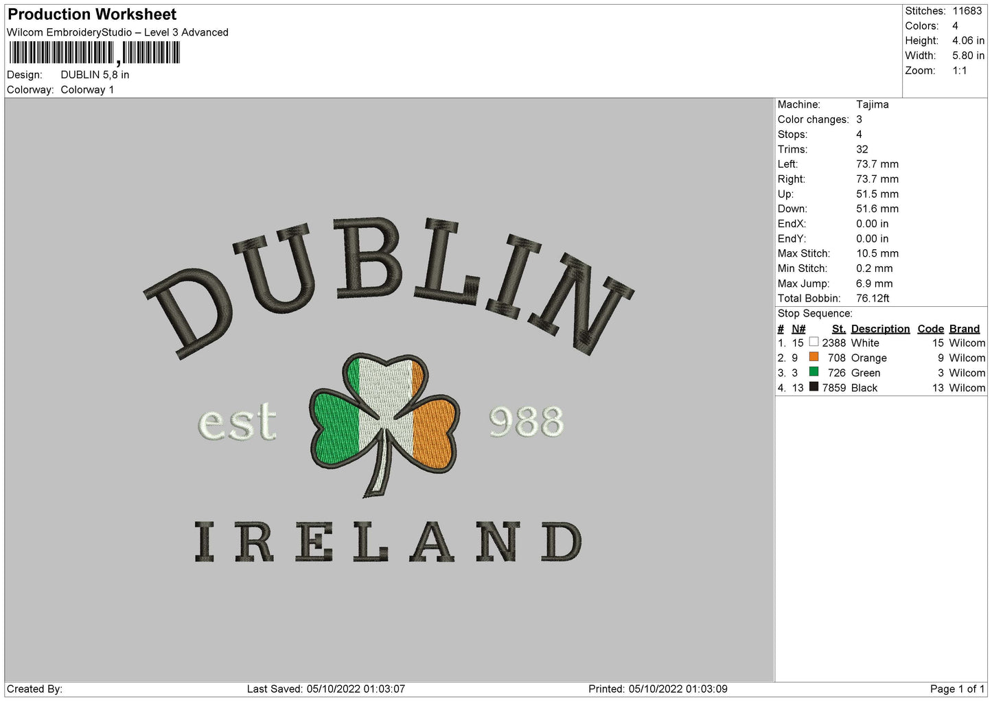Dublin Embroidery File 5 sizes