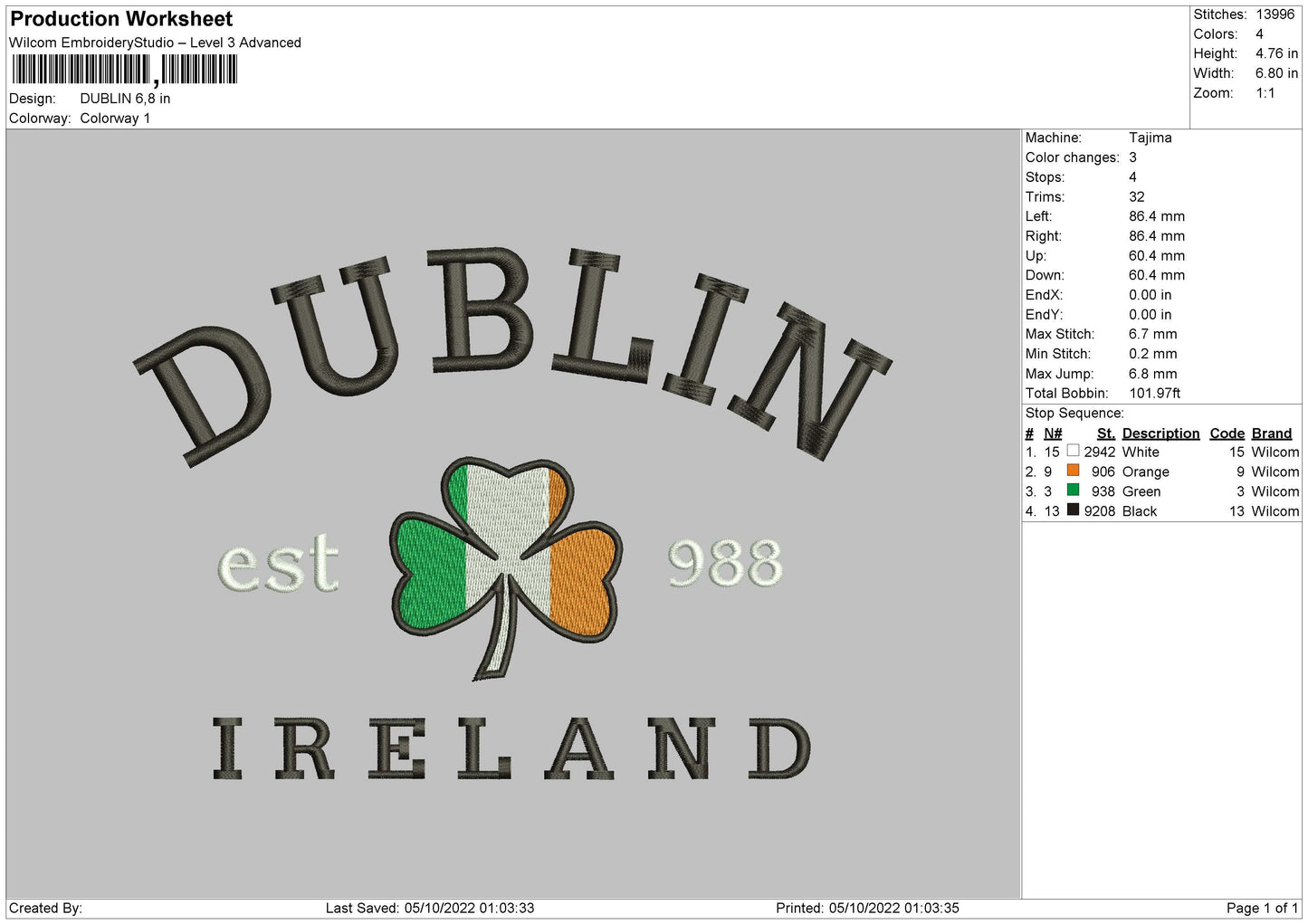 Dublin Embroidery File 5 sizes