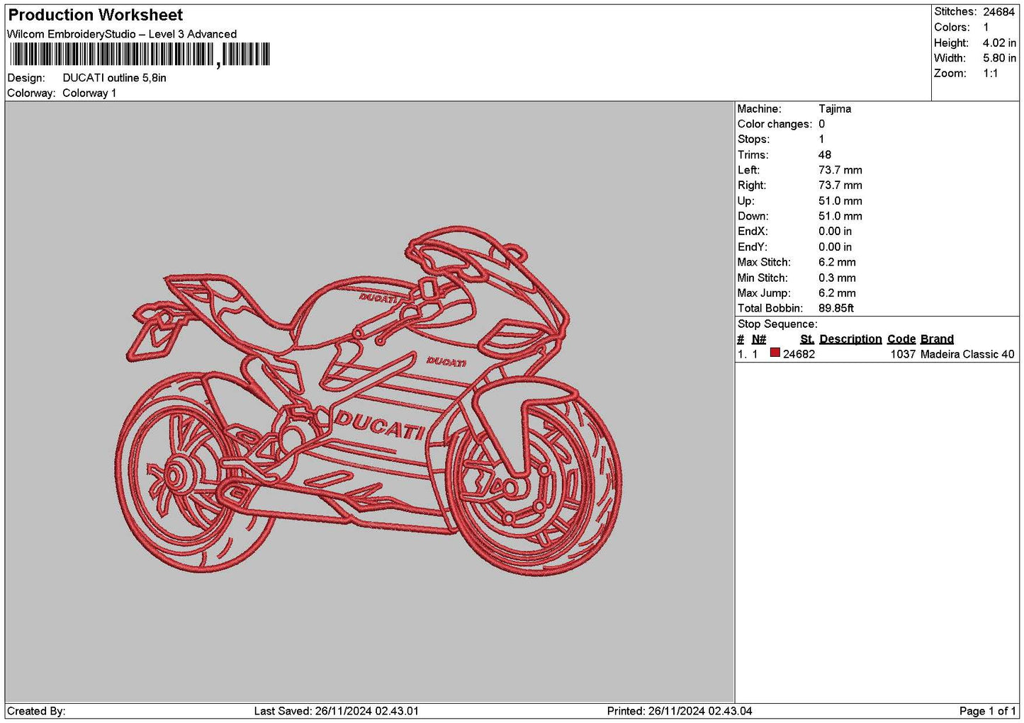 Ducati Outline Embroidery File 6 sizes