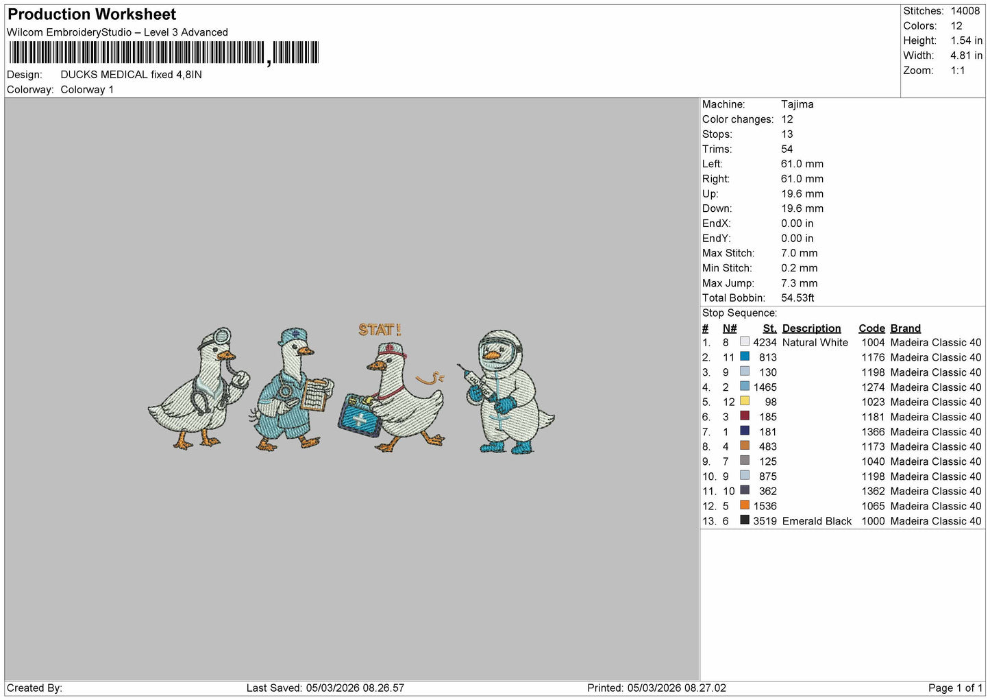 Ducks MEDICAL Embroidery File 6 sizes