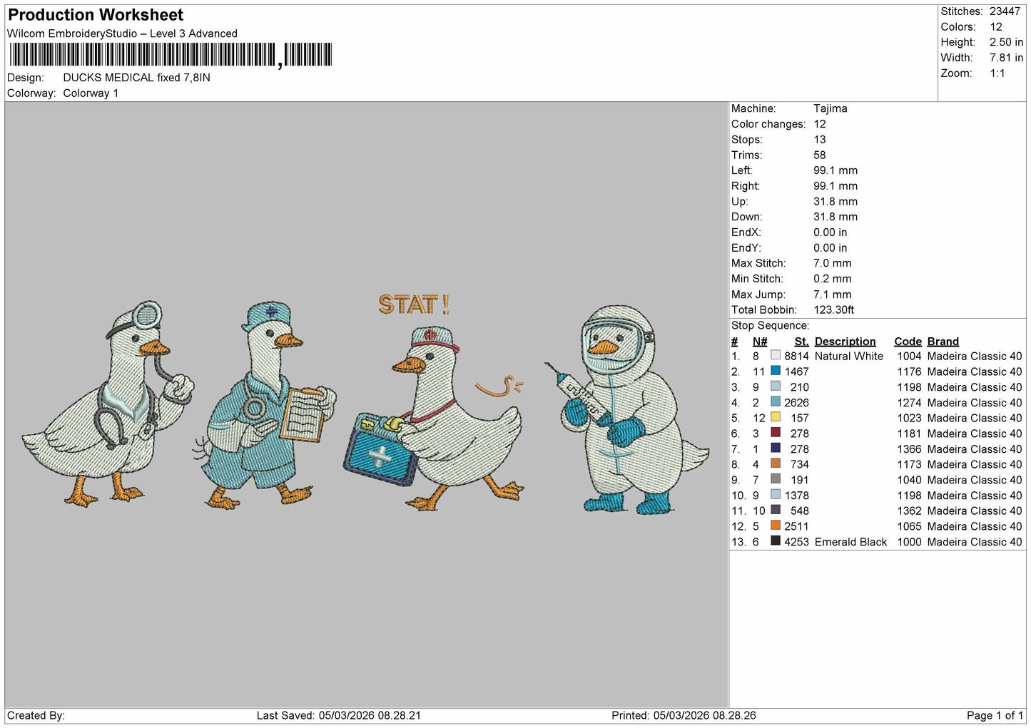 Ducks MEDICAL Embroidery File 6 sizes