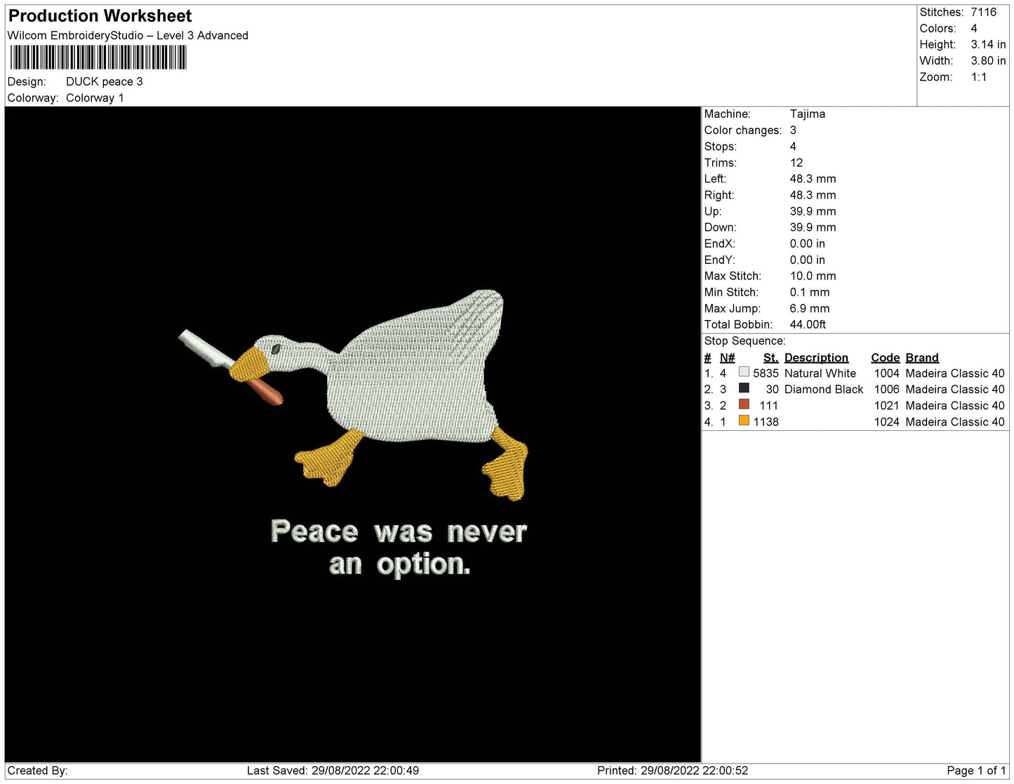Duck Peace Embroidery File 5 sizes