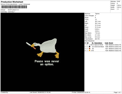 Duck Peace Embroidery File 5 sizes